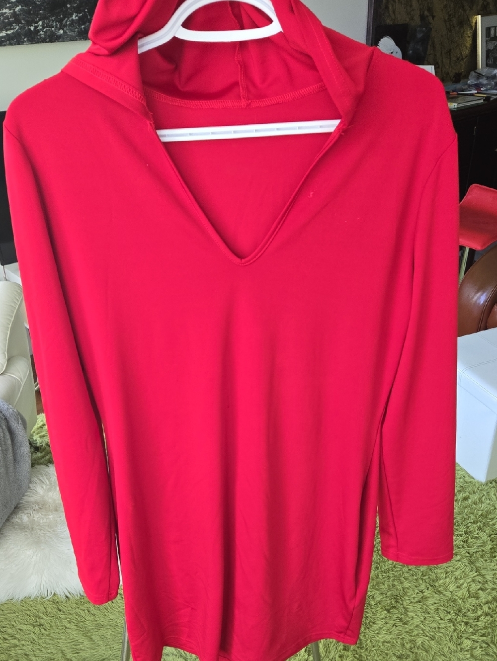 Women's Red V-Neck Hooded Long Sleeve Top